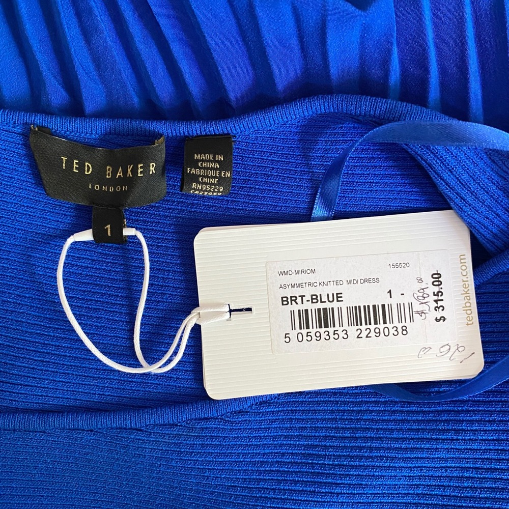Ted Baker Miriom Asymmetric Knitted Midi Dress Royal Blue One Shoulder Sz 1 NEW - Picture 5 of 5